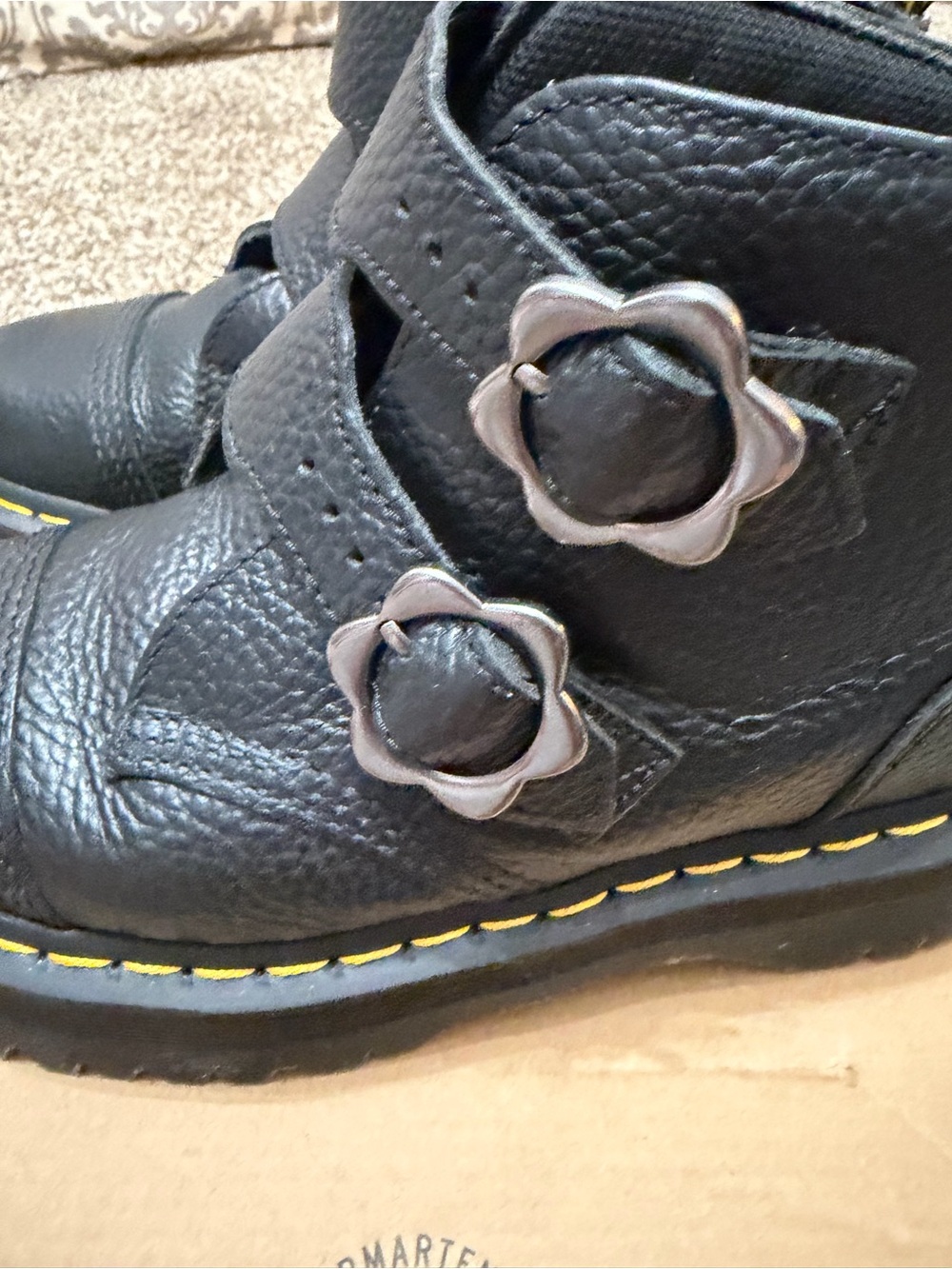 Dr. Martens Women’s Black Leather Double-Strap Ankle Boots with Yellow Stitching - Picture 4 of 9